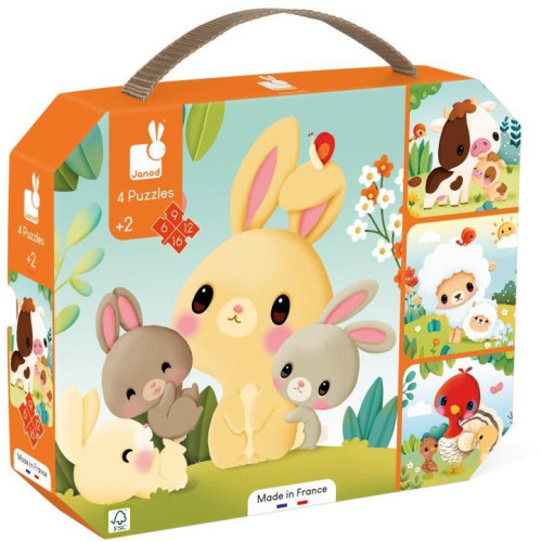 Janod Farm Puzzle v kufríku 4v1 Farma zvieratká 6-9-12-16 ks