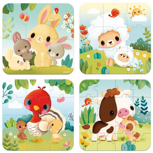 Janod Farm Puzzle v kufríku 4v1 Farma zvieratká 6-9-12-16 ks