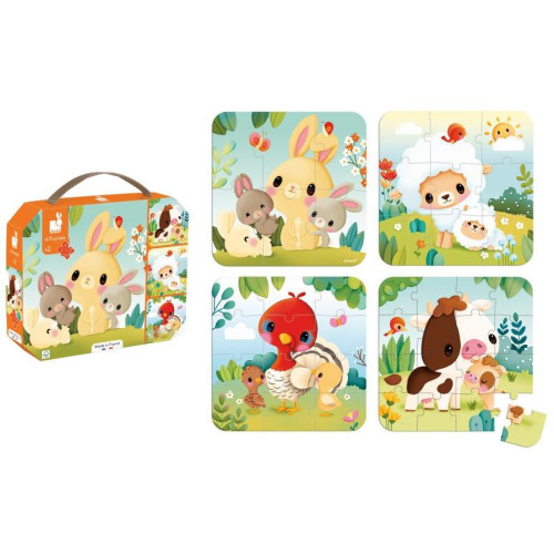 Janod Farm Puzzle v kufríku 4v1 Farma zvieratká 6-9-12-16 ks