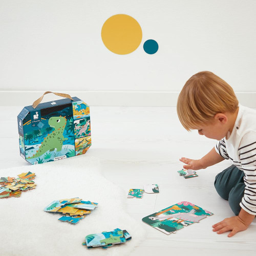 Janod Puzzle v kufríku 4v1 Dinosaury 6-9-12-16 ks
