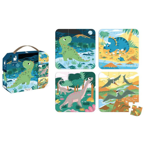 Janod Puzzle v kufríku 4v1 Dinosaury 6-9-12-16 ks