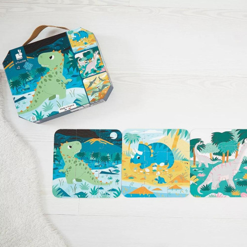 Janod Puzzle v kufríku 4v1 Dinosaury 6-9-12-16 ks