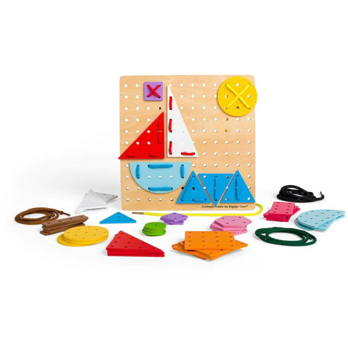 Bigjigs Toys Dřevěná šněrovací hra Geometrické tvary