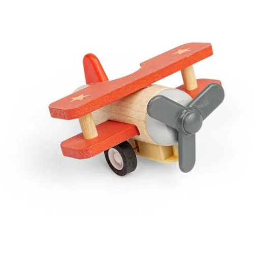 Bigjigs Toys Dřevěné natahovací letadlo Dvouplošník červený