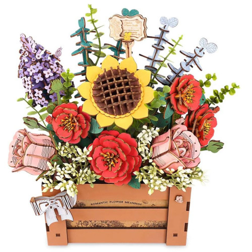 RoboTime 3D dřevěná skládačka Truhlík s květinami