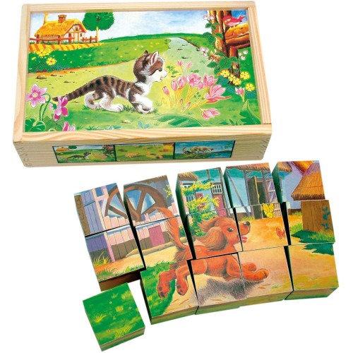 Bino Dřevěné obrázkové kostky domácí zvířátka 15 ks