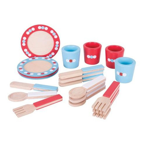 Bigjigs Toys Dřevěný jídelní servis s puntíky