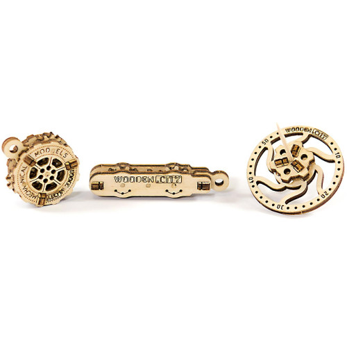 Wooden City 3D dřevěné mechanické puzzle 3 mechanické přívěšky na klíče