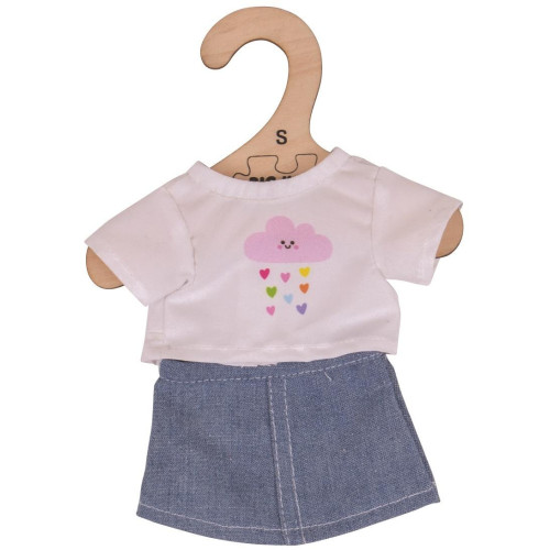 Bigjigs Toys Bílé tričko s riflovou sukní pro panenku 28cm