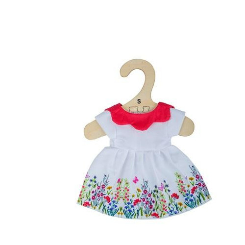 Bigjigs Toys Bílé květinové šaty s červeným límečkem pro panenku 28 cm