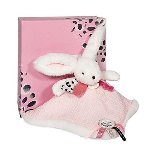 Doudou Dárková sada růžová - králíček s čtvercovou dečkou 25 cm