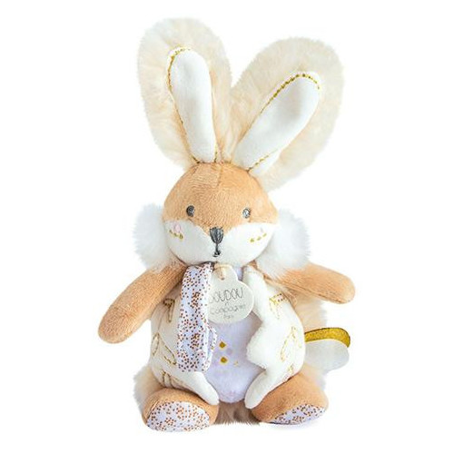 Doudou Hračka zajíček s chrastítkem a úchytem na dudlík 21 cm bílá