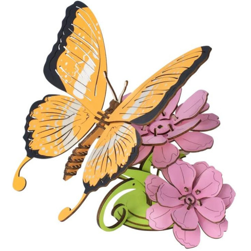 Woodcraft Dřevěné 3D puzzle Motýl na květech barevný