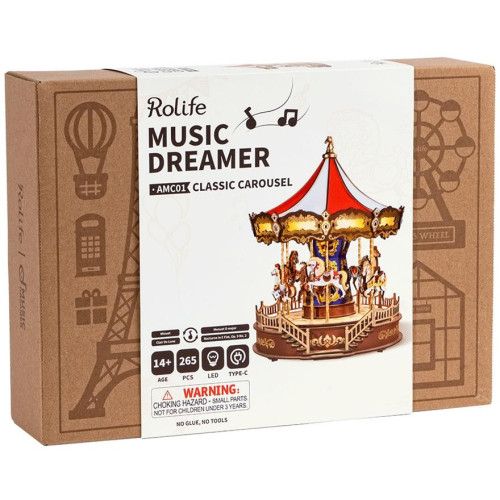 RoboTime 3D dřevěná skládačka hrací skříňky Klasický kolotoč