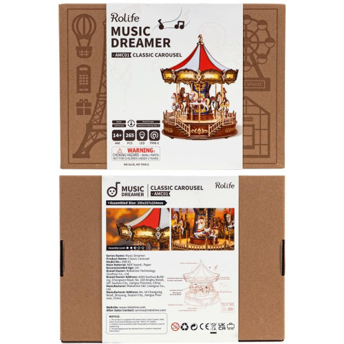 RoboTime 3D dřevěná skládačka hrací skříňky Klasický kolotoč