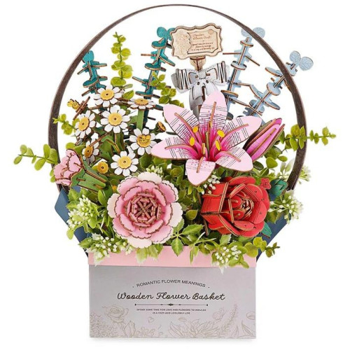 RoboTime 3D dřevěná skládačka Košík s květinami