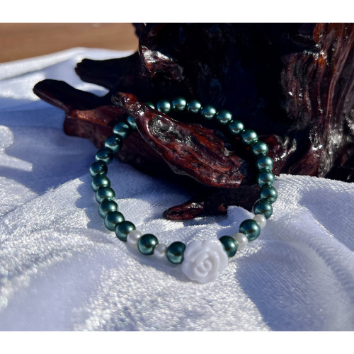 Perličkový náramek stříbrný se světle růžovou růžičkou