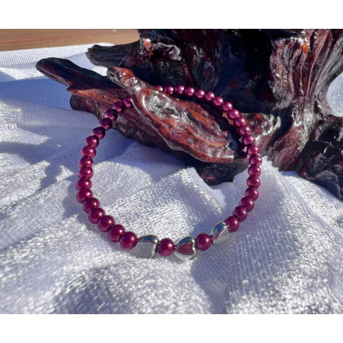 Alada beauty Perličkový náramek bordový se stříbrnými srdíčky