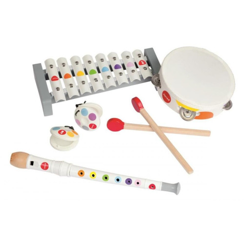 Janod Dřevěná sada hudební nástroje Confetti flétna-tamburína-xylofon-kastaněty