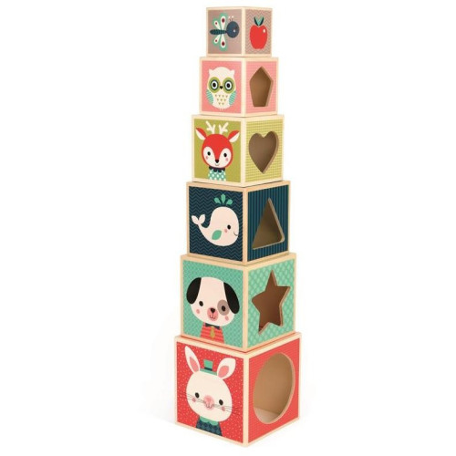 Skládací dřevěná pyramida Zvířata Čísla Věci Janod čtvercová 6 dílů od 1 roku