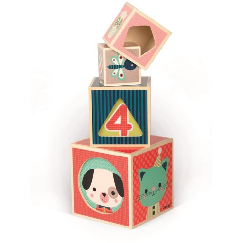 Skládací dřevěná pyramida Zvířata Čísla Věci Janod čtvercová 6 dílů od 1 roku