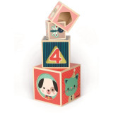 Skládací dřevěná pyramida Zvířata Čísla Věci Janod čtvercová 6 dílů od 1 roku