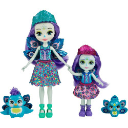 Mattel Enchantimals panenka Patter Peacock a mladší sestra Piera Peacock s mazlíčky